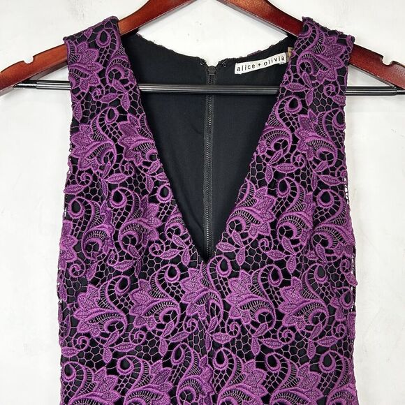 Alice + Olivia Purple Black Floral Guipure Lace Sleeveless Preslee Dress Size 0 - Picture 2 of 8